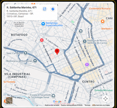 Mapa indicando a localização da Academia Claudio Bueno em Campinas